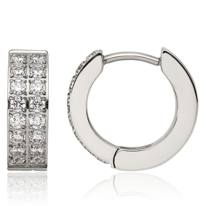 Stainless Steel 2 Rows of Cubic Zirconia CZ 2.3mm Huggie Small Hoop Earrings