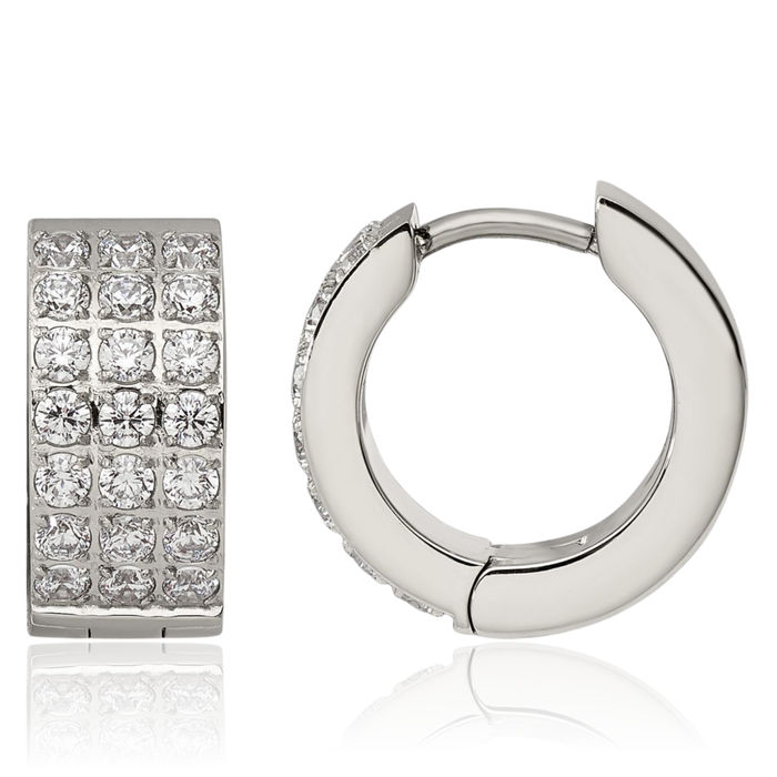 Stainless Steel 3 Rows of Cubic Zirconia CZ 2.4mm Huggie Small Hoop Earrings