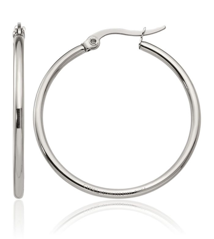 Stainless Steel 32.5mm 2mm Medium Hoop Earrings