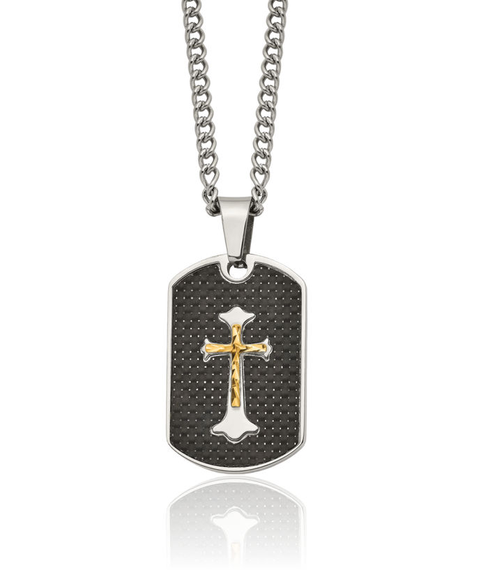 Stainless Steel 925 Sterling Silver Carbon Fiber Yellow Holy Cross Necklace Religious Pendant Jesus Christ Charm Curb Link Chain