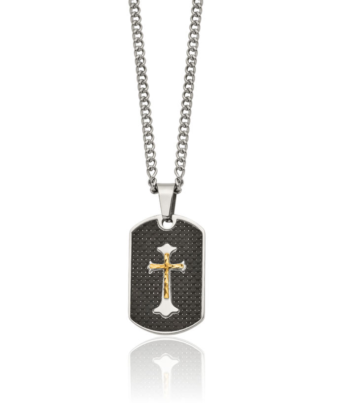 Stainless Steel 925 Sterling Silver Carbon Fiber Yellow Holy Cross Necklace Religious Pendant Jesus Christ Charm Curb Link Chain