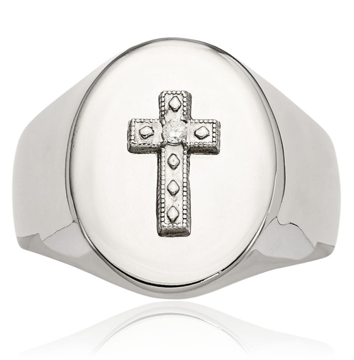 Stainless Steel 925 Sterling Silver Holy Cross Cubic Zirconia CZ Custom Engraved Signet Ring Handmade Personalized Monogram Initial Letter Band Christian Religious