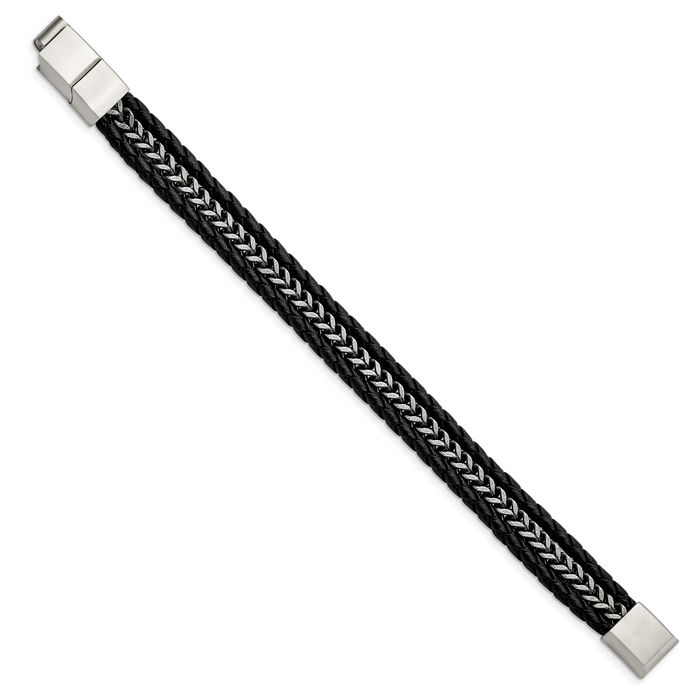 Stainless Steel Multi Strand Chain and Black Leather 8.25 Stainless Steel Multi Strand Chain and Black Leather 8.25