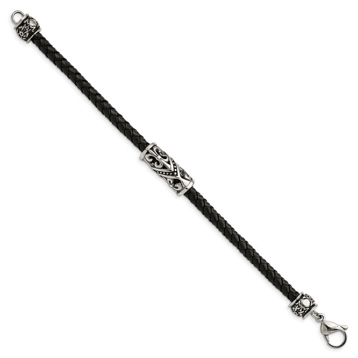 Stainless Steel Vintage French Fleur De Lis Lily Flower Black Braided Chain Charm Leather Bracelet