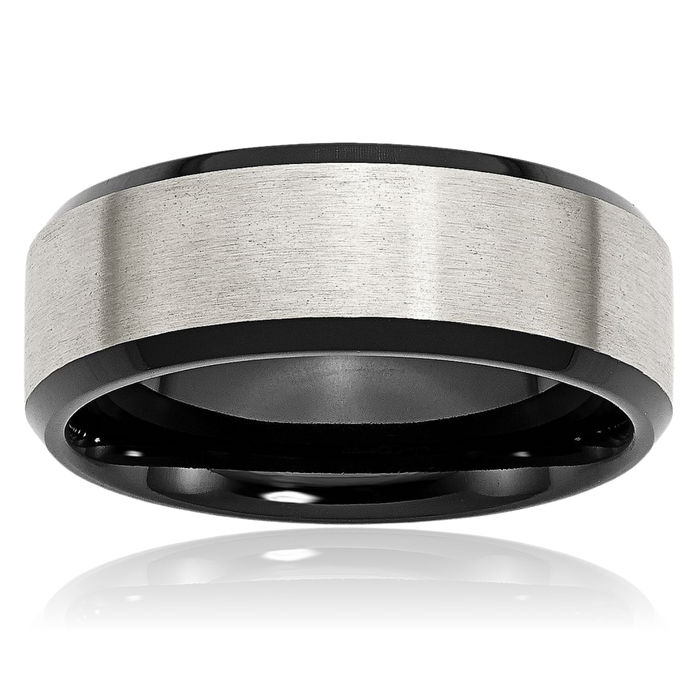 Stainless Steel Black 8mm Edge Plain Classic Wedding Band Ring