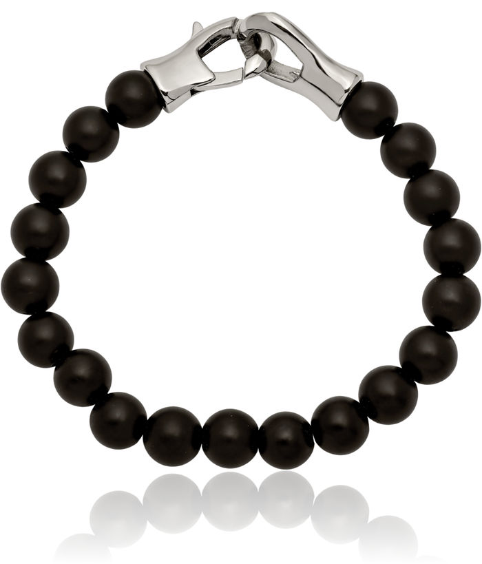 Stainless Steel Black Agate Beaded Ball Chain Gemstone Tennis Bracelet