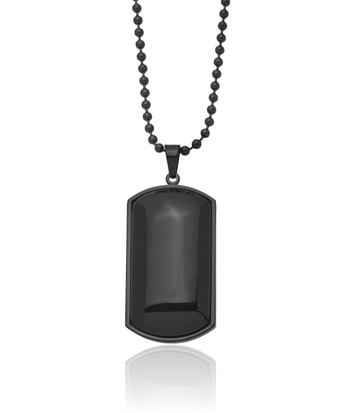 Stainless Steel Black Agate Dog Tag Necklace Charm Pendant Ball Link Chain