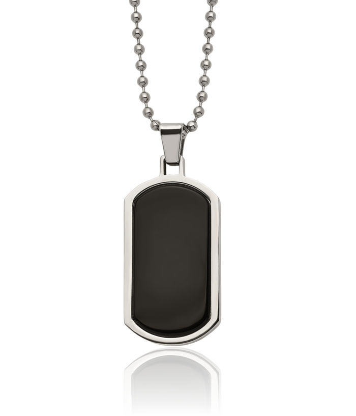 Stainless Steel Black Agate Dog Tag Necklace Charm Pendant Ball Link Chain