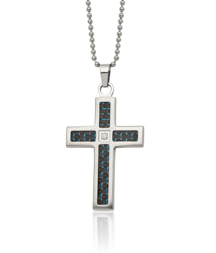 Stainless Steel Black Blue Carbon Fiber Cubic Zirconia CZ Holy Cross Necklace Religious Pendant Jesus Christ Charm Ball Link Chain