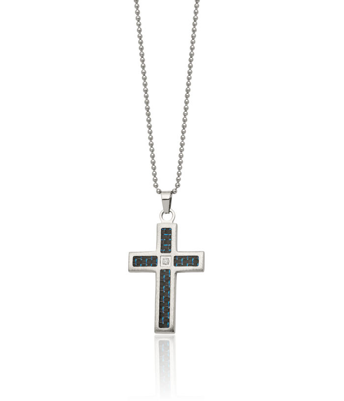 Stainless Steel Black Blue Carbon Fiber Cubic Zirconia CZ Holy Cross Necklace Religious Pendant Jesus Christ Charm Ball Link Chain