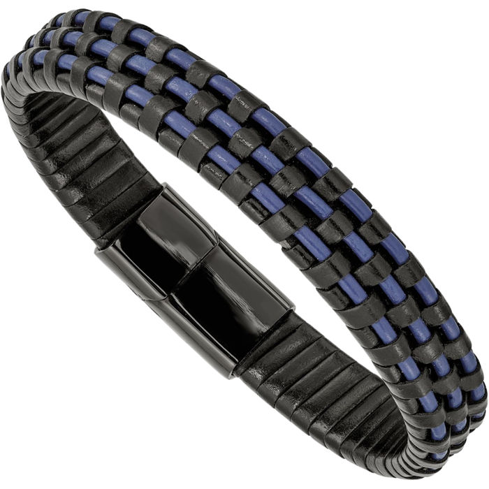 Stainless Steel Black Blue Chain Leather Bracelet