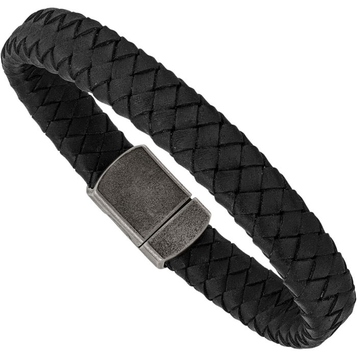 Stainless Steel Vintage Black Braided Chain Leather Bracelet