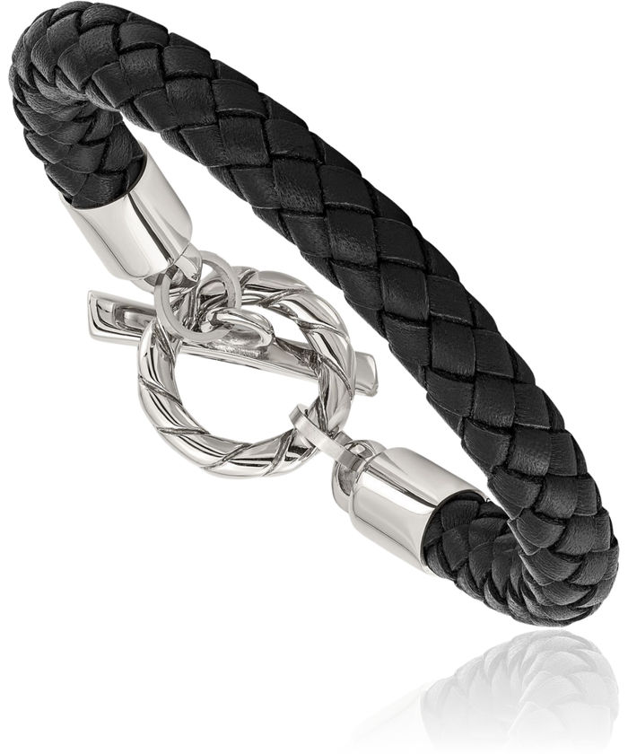 Stainless Steel Black Braided Chain Leather Bracelet Toggle Clasp