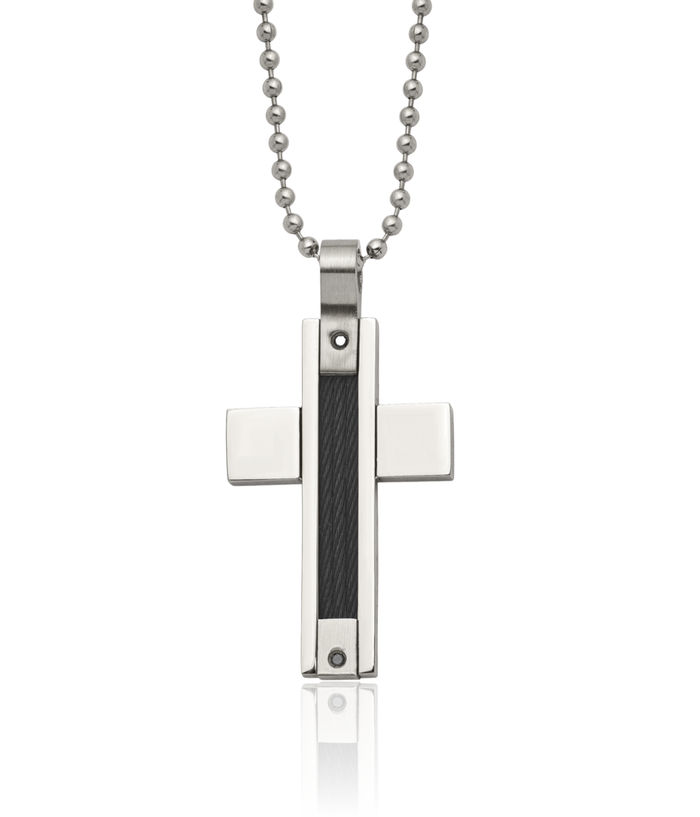 Stainless Steel Black Cable Diamond Holy Cross Pendant Ona Necklace Charm Ball Link Chain