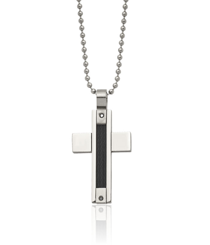 Stainless Steel Black Cable Diamond Holy Cross Pendant Ona Necklace Charm Ball Link Chain