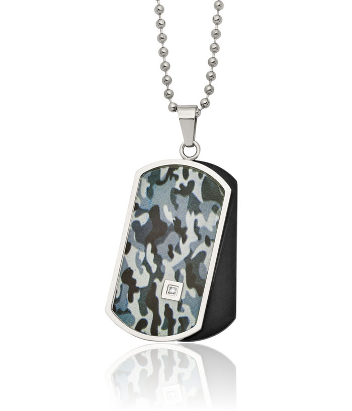 Stainless Steel Black Camouflage Diamond Double Dog Tag Necklace Charm Pendant Ball Link Chain