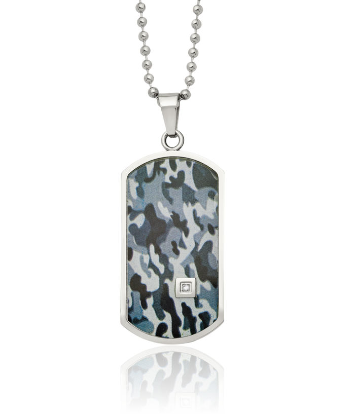 Stainless Steel Black Camouflage Diamond Double Dog Tag Necklace Charm Pendant Ball Link Chain