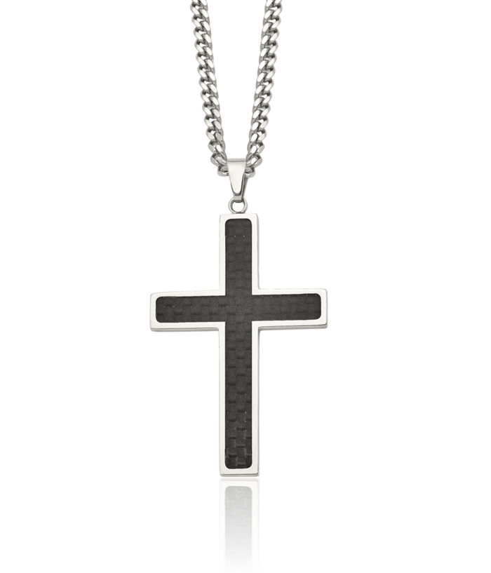 Stainless Steel Black Carbon Fiber Holy Cross Necklace Religious Pendant Jesus Christ Charm Curb Link Chain