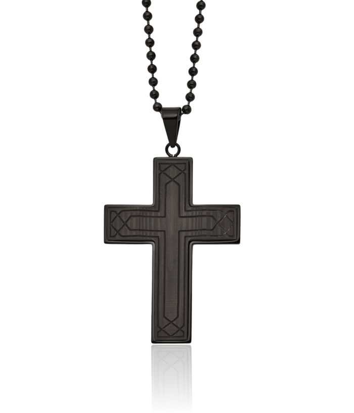 Stainless Steel Black Carbon Fiber Holy Cross Necklace Religious Pendant Jesus Christ Charm Ball Link Chain