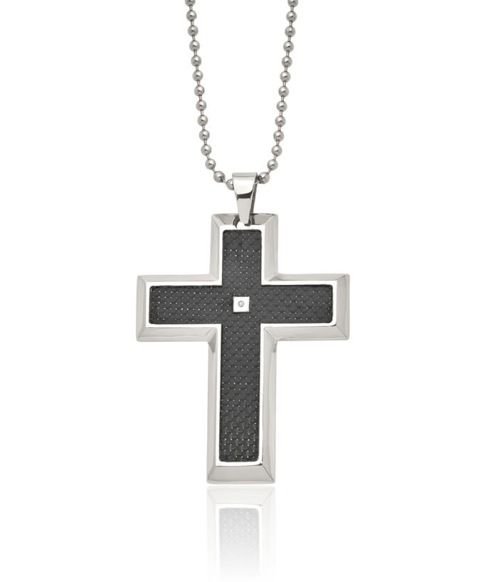 Stainless Steel Black Carbon Fiber Diamond Holy Cross Necklace Religious Pendant Jesus Christ Charm Ball Link Chain