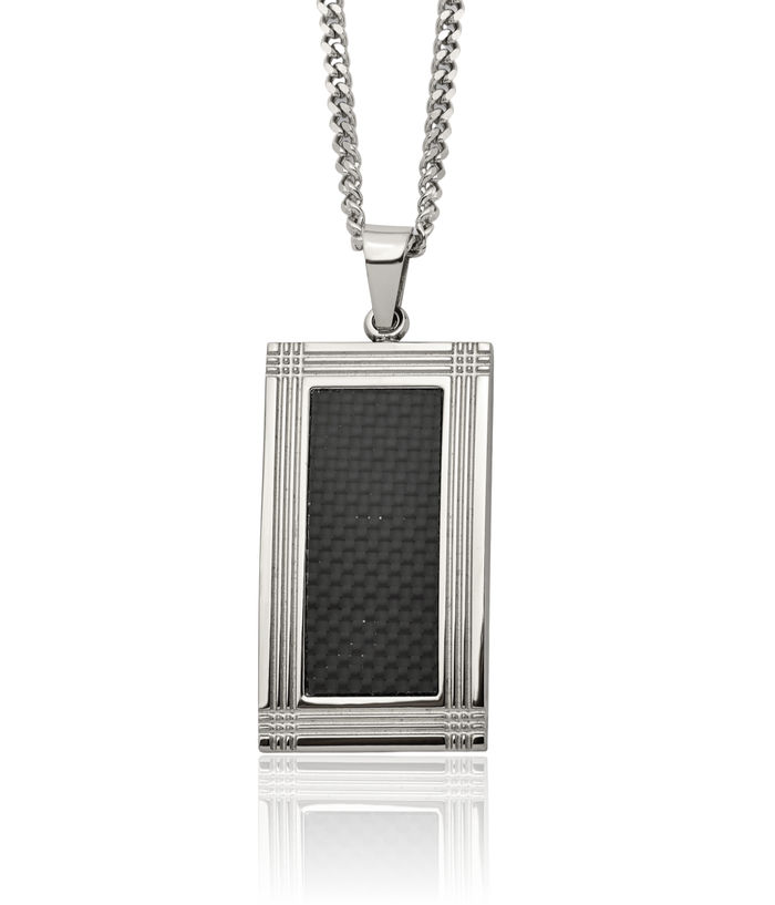 Stainless Steel Black Carbon Fiber Geometric Dog Tag Necklace Charm Pendant Curb Link Chain