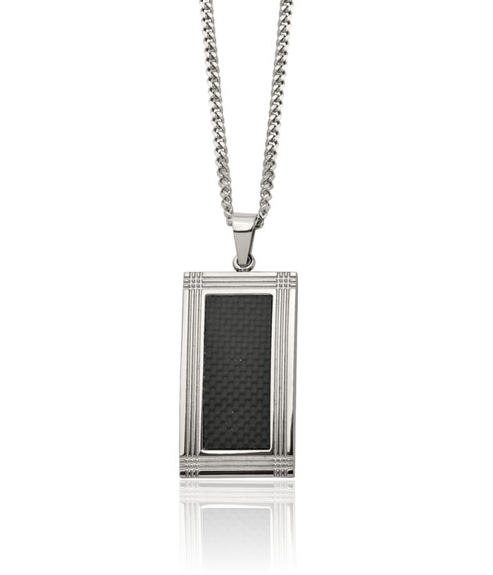 Stainless Steel Black Carbon Fiber Geometric Dog Tag Necklace Charm Pendant Curb Link Chain