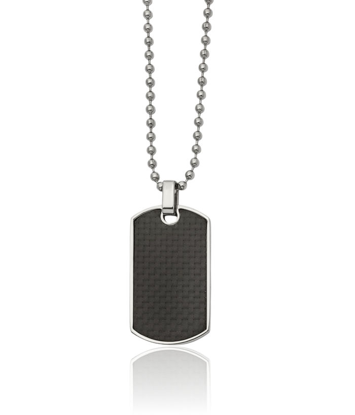 Stainless Steel Black Carbon Fiber Wood Reversible Dog Tag Necklace Charm Pendant Ball Link Chain