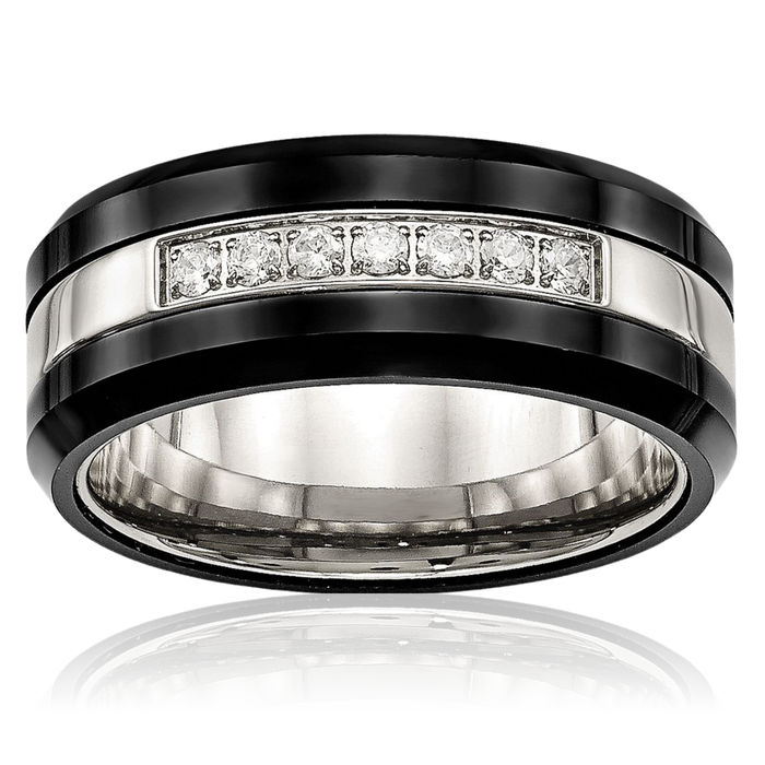 Stainless Steel Black Ceramic Cubic Zirconia CZ Edge Wedding Band Ring