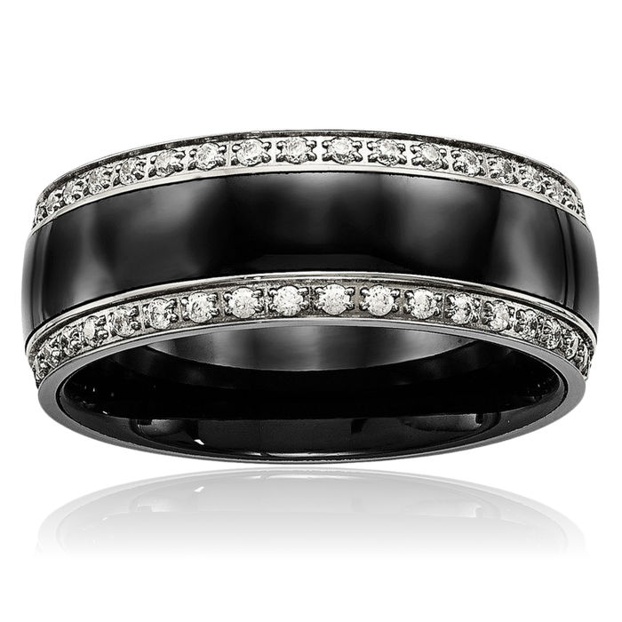 Stainless Steel Black Ceramic Cubic Zirconia CZ Wedding Band Ring