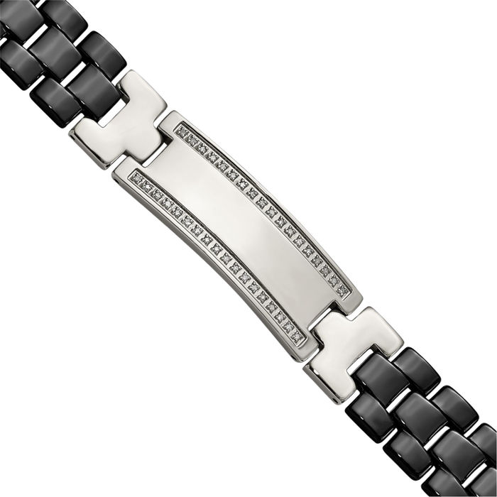 Stainless Steel Black Ceramic Diamond Name Bar Identification ID Bracelet