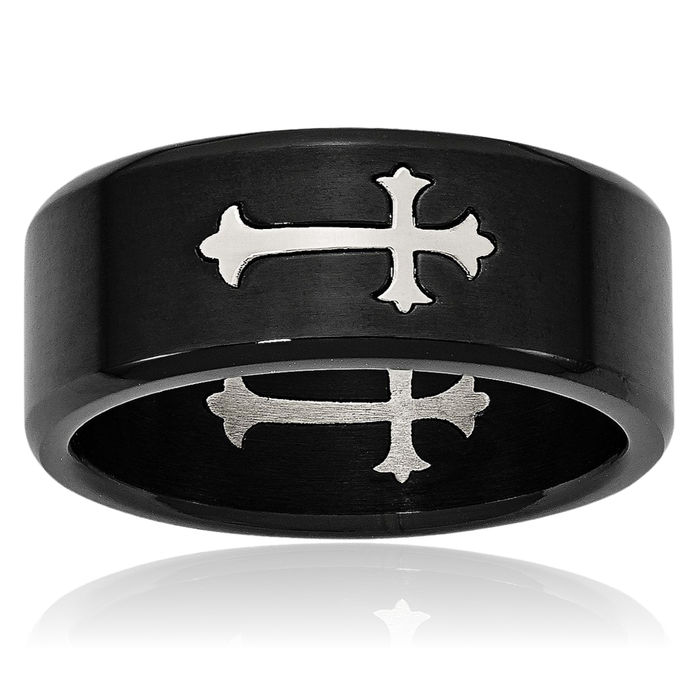 Stainless Steel Black Holy Cross 9mm Wedding Band Ring Christian Religious