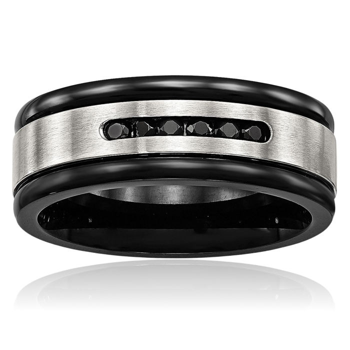 Stainless Steel Black Cubic Zirconia CZ 8mm Wedding Band Ring