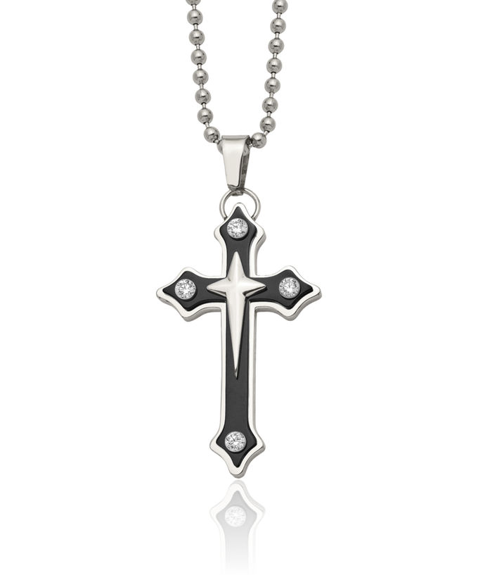 Stainless Steel Black Cubic Zirconia CZ Holy Cross Necklace Religious Pendant Jesus Christ Charm Ball Link Chain