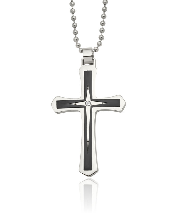 Stainless Steel Black Cubic Zirconia CZ Holy Cross Necklace Religious Pendant Jesus Christ Charm Ball Link Chain