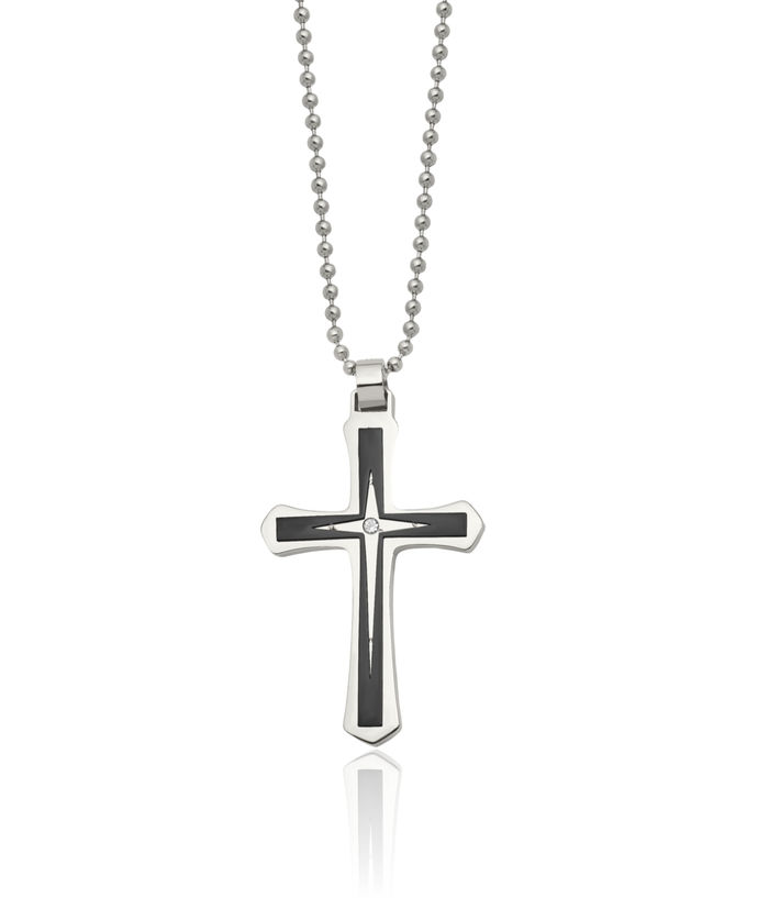 Stainless Steel Black Cubic Zirconia CZ Holy Cross Necklace Religious Pendant Jesus Christ Charm Ball Link Chain