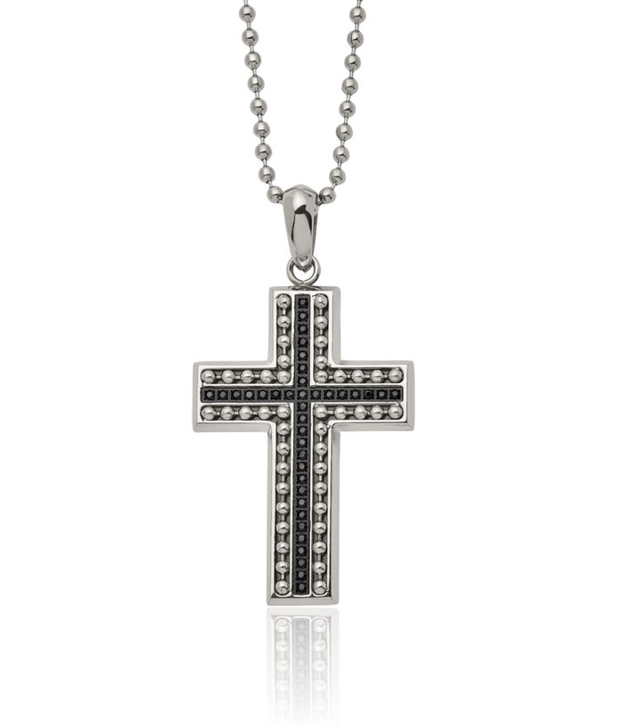 Stainless Steel Black Cubic Zirconia CZ Holy Cross Necklace Religious Pendant Jesus Christ Charm Ball Link Chain