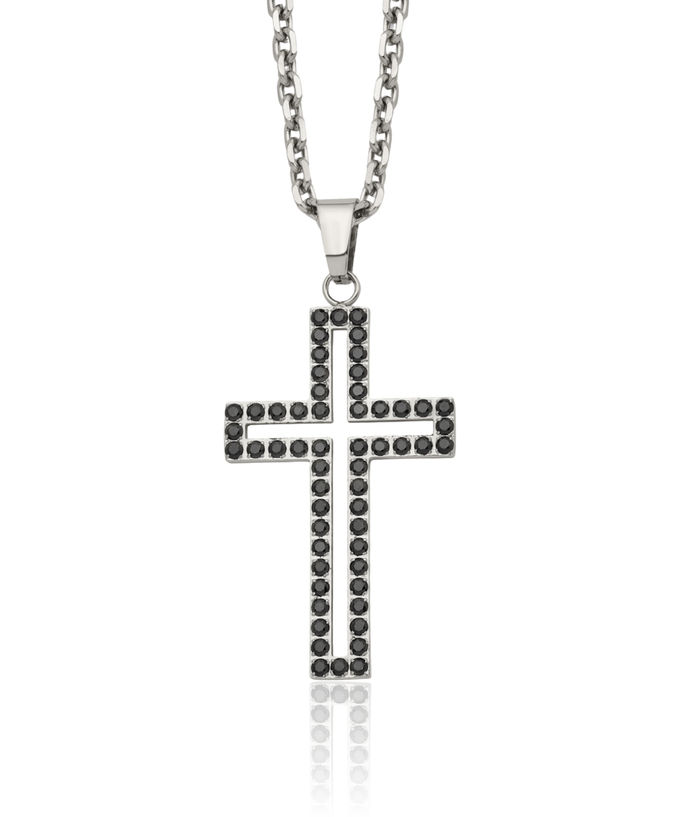 Stainless Steel Black Cubic Zirconia CZ Holy Cross Pendant Necklace Charm Cable Rolo Link Chain