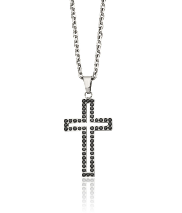 Stainless Steel Black Cubic Zirconia CZ Holy Cross Pendant Necklace Charm Cable Rolo Link Chain