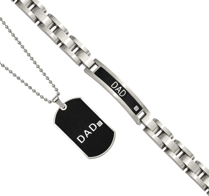 Stainless Steel Black Cubic Zirconia CZ Dad Bracelet Necklace Chain Set