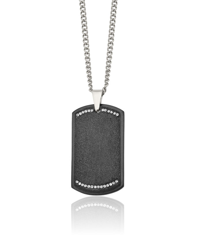 Stainless Steel Black Cubic Zirconia CZ Dog Tag Necklace Charm Pendant Curb Link Chain