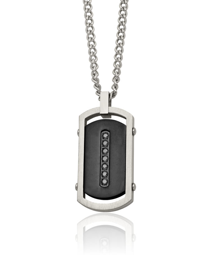 Stainless Steel Black Cubic Zirconia CZ Dog Tag Necklace Charm Pendant Curb Link Chain