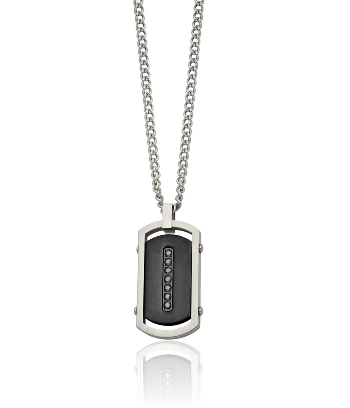 Stainless Steel Black Cubic Zirconia CZ Dog Tag Necklace Charm Pendant Curb Link Chain