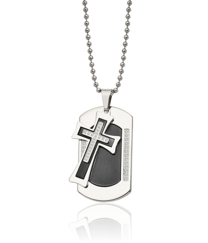 Stainless Steel Black Cubic Zirconia CZ Set Holy Cross Dog Tag Necklace Religious Pendant Jesus Christ Charm Ball Link Chain