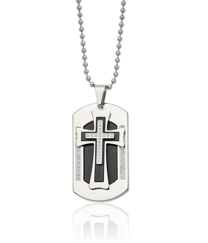 Stainless Steel Black Cubic Zirconia CZ Set Holy Cross Dog Tag Necklace Religious Pendant Jesus Christ Charm Ball Link Chain