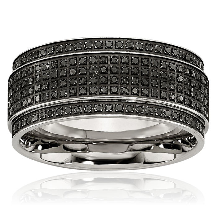 Stainless Steel Black Diamond 10mm Ridged Edge Wedding Band Ring