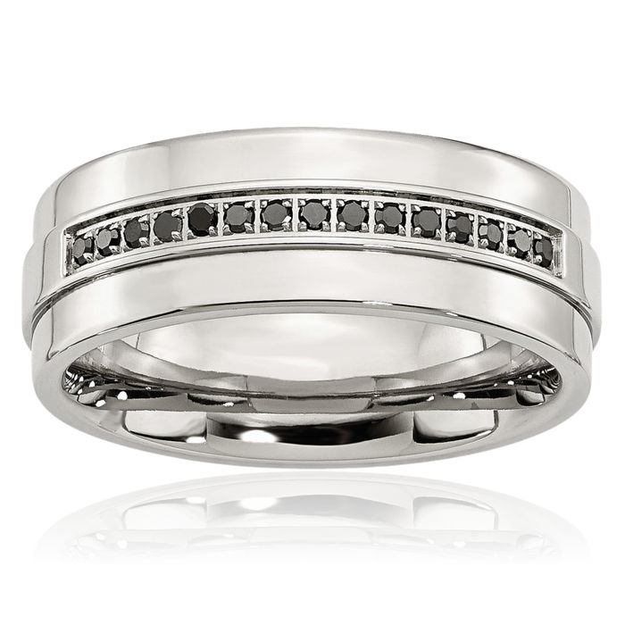 Stainless Steel Black Diamond 8mm Wedding Band Ring