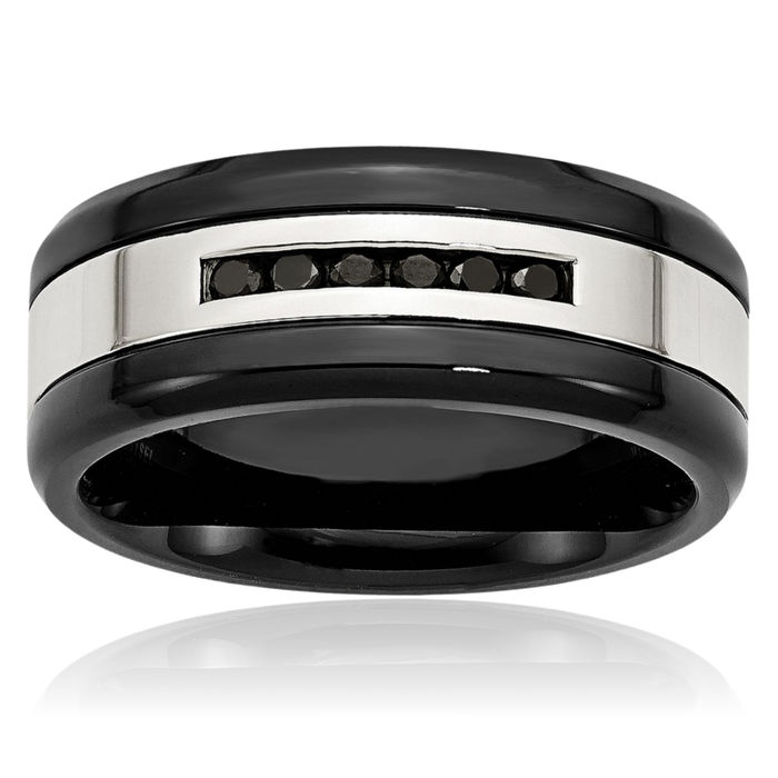 Stainless Steel Black Diamond 9mm Wedding Band Ring