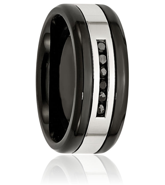 Stainless Steel Black Diamond 9mm Wedding Band Ring