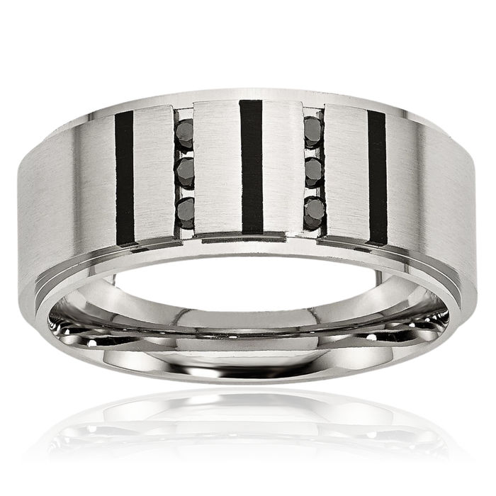 Stainless Steel Black Diamond 9mm Wedding Band Ring