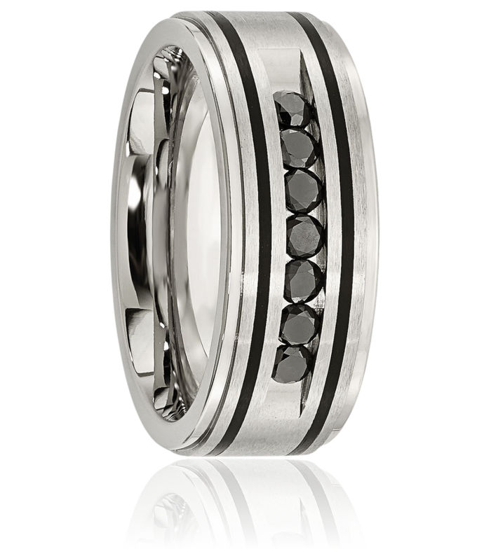 Stainless Steel Black Diamond 9mm Wedding Band Ring